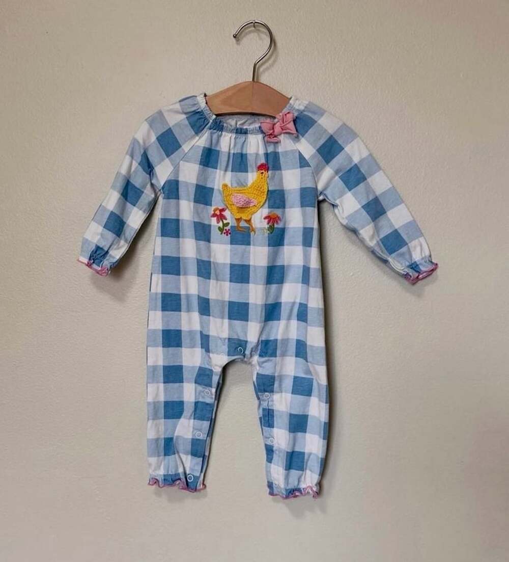 Mud Pie Blue and White Gingham Chicken Applique Romper